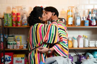 Suki and Eve in their rainbow kimonos