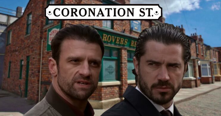 Adam and Damon looking surly on Coronation Street vs soap logo and background (Credit: ITV/Composite: ED!)