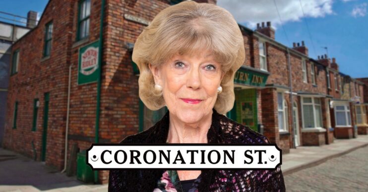Audrey Roberts on a Coronation Street background