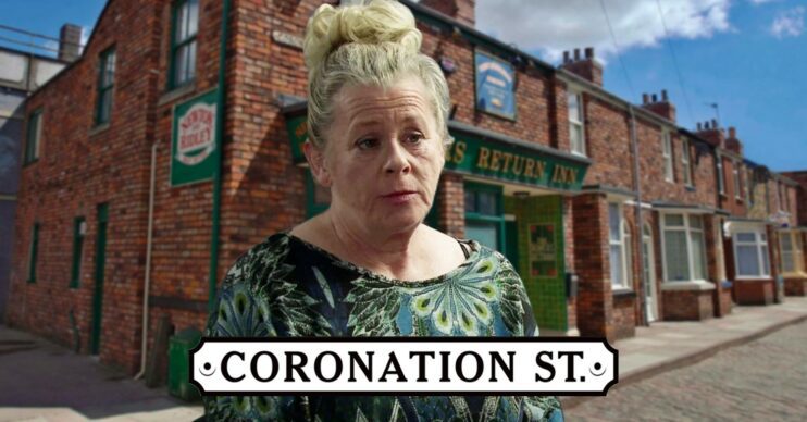 Bernie looking worried on Coronation Street - Rovers background and logo (Credit: ITV/Composite: ED!)