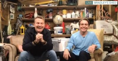 Bradley Walsh and son Barney in shed at home