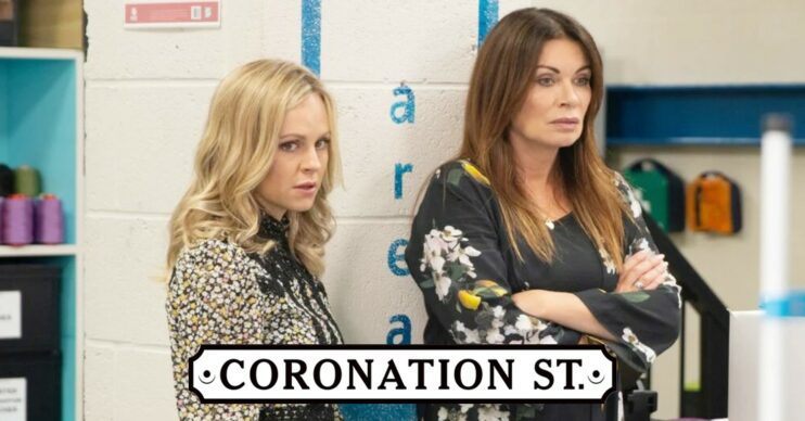 Sarah and Carla look worried on Corrie; inset, soap logo (Credit: ITV/Composite: ED!)