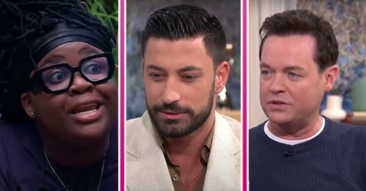 Nella Rose looks animated, Giovanni Pernice looks down, Stephen Mulhern looks serious