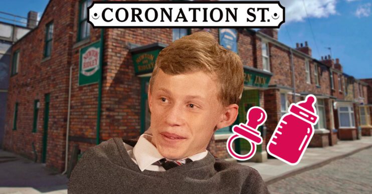 Coronation Street's Dylan, the Coronation Street logo, a pink baby bottle and dummy, the Coronation Street background of the Rovers
