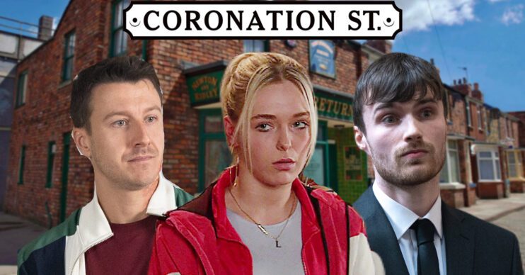 Coronation Street's Ryan, Lauren, Justin, the Coronation Street logo and background of the Rovers