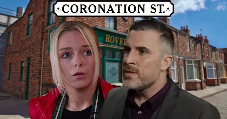 Coronation Street's Lauren, Rick, the Coronation Street logo and background of the Rovers