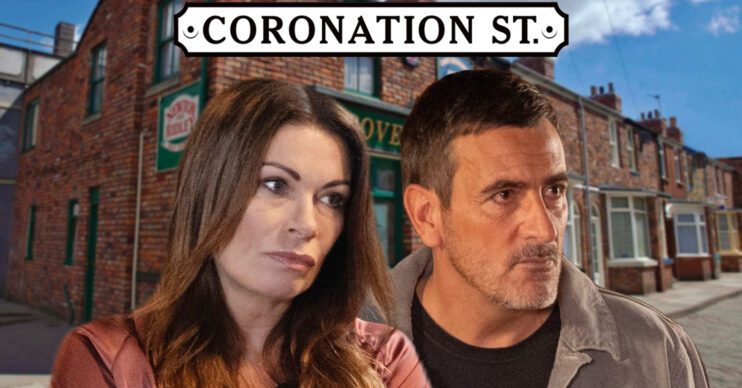 Coronation Street's Carla, Peter, the Coronation Street logo and background of the Rovers