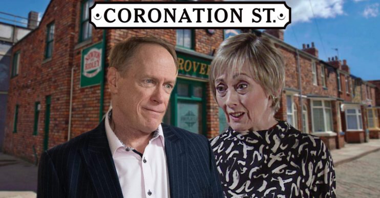 Coronation Street's Stephen, Elaine, the Coronation Street logo and background of the Rovers