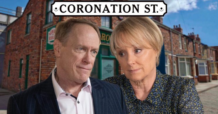 Coronation Street's Stephen, Sally, the Coronation Street logo and background of the Rovers