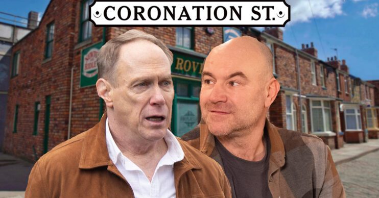 Coronation Street's Stephen, Tim, the Coronation Street logo and background of the Rovers