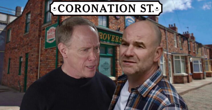 Coronation Street's Stephen, Tim, the Coronation Street logo and background of the Rovers