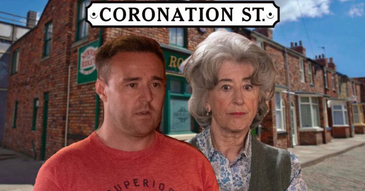 Coronation Street's Tyrone, Evelyn, the Coronation Street logo and background of the Rovers