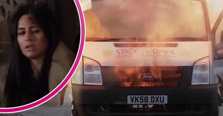 Coronation Street's Speed Dahl van is covered in flames and, in a bubble, Alya is injured