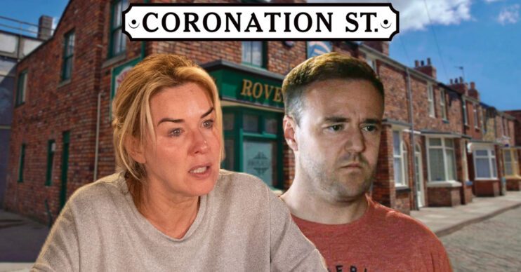 Coronation Street's Cassie, Tyrone, the Coronation Street logo and background of the Rovers