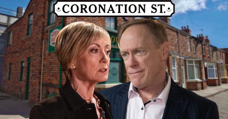 Coronation Street's Elaine, Stephen, the Coronation Street logo and background of the Rovers