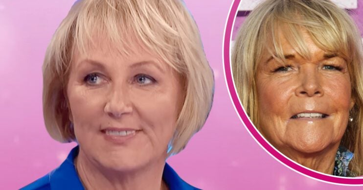 Coronation Street's Sue Cleaver, a pink background and in the bubble is Linda Robson