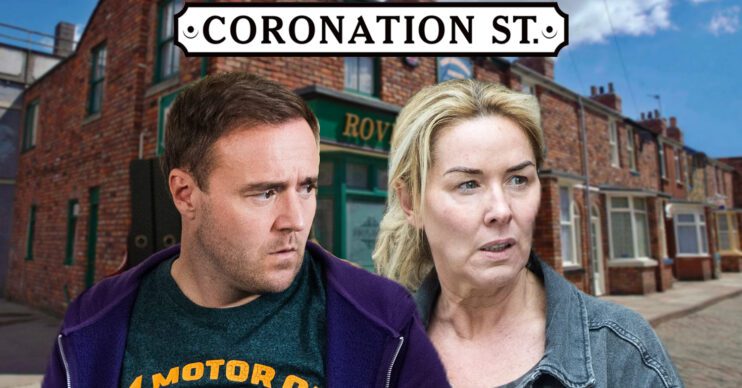 Coronation Street's Tyrone, Cassie, the Coronation Street logo and background of the Rovers