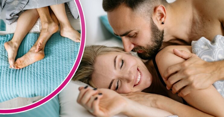 Couple's feet in bed, and couple smiling