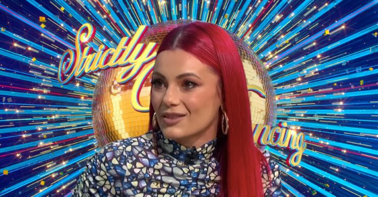 Strictly logo with Dianne Buswell looking serious