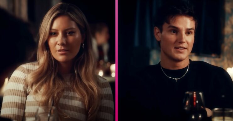 Sam smiling while Inga looks mad on Made In Chelsea