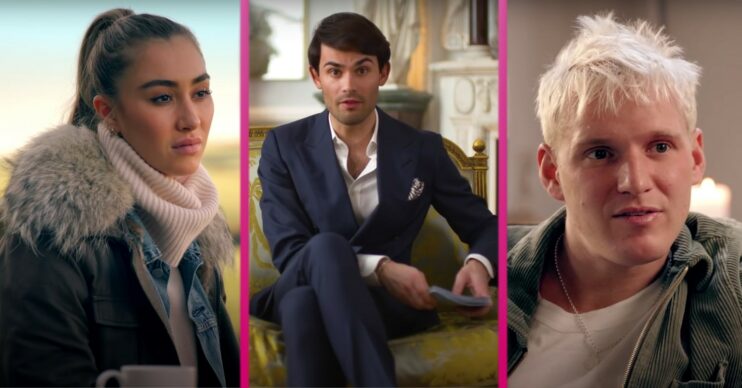 Sophie Habboo, Mark-Francis Vandelli and Jamie Laing look serious on Made In Chelsea