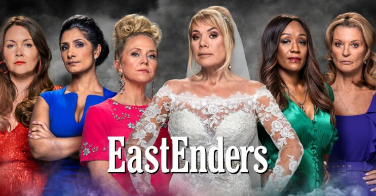 EastEnders logo with Stacey, Suki, Linda, Sharon, Denise and Kathy comp image
