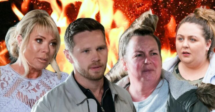 EastEnders characters Sharon, Keanu, Karen and Bernie on a fire background comp image