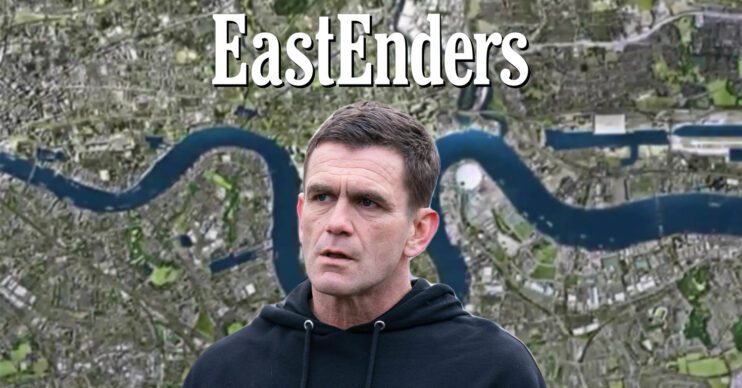 EastEnders' Jack with the EastEnders background and logo