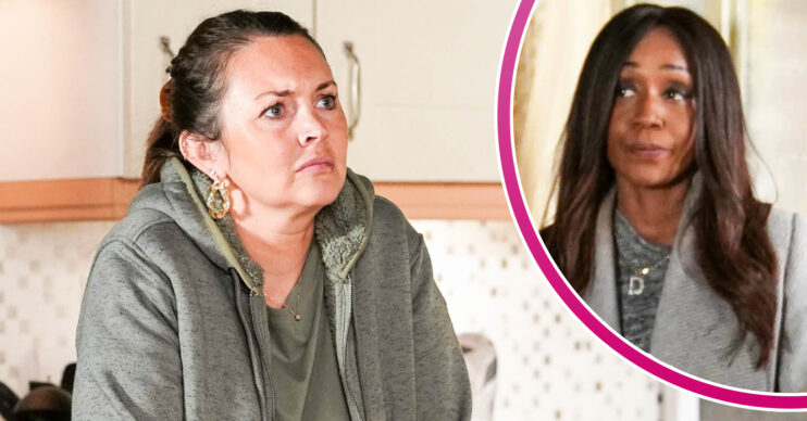 EastEnders' Stacey is looking angry and, in a bubble, Denise is looking in disbelief