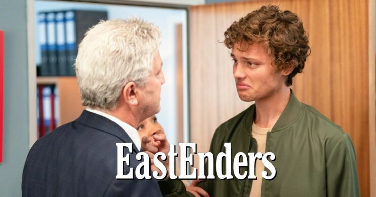 EastEnders comp image: Graham and Freddie in a confrontation with show logo