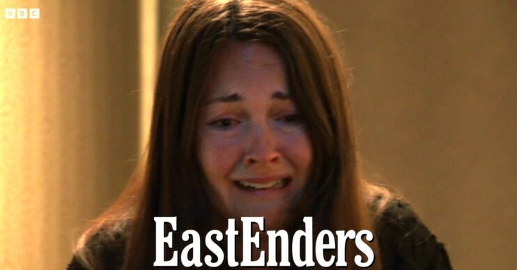 Stacey Slater looks upset and scared in a comp image with the EastEnders logo