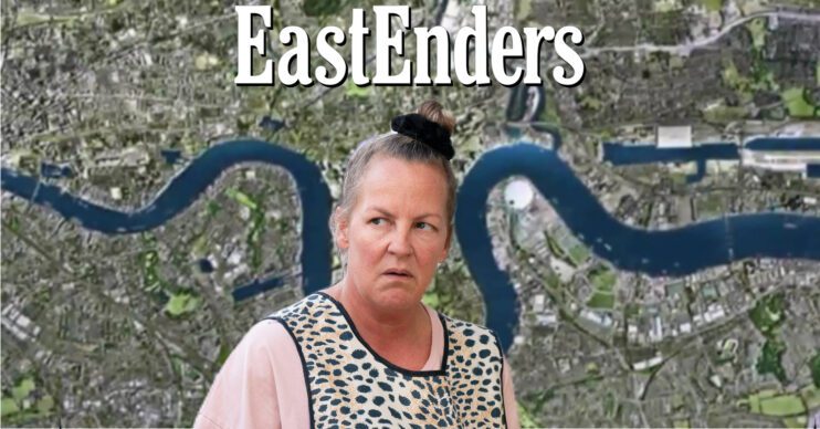 EastEnders' Karen, the EastEnders logo and background of the Thames