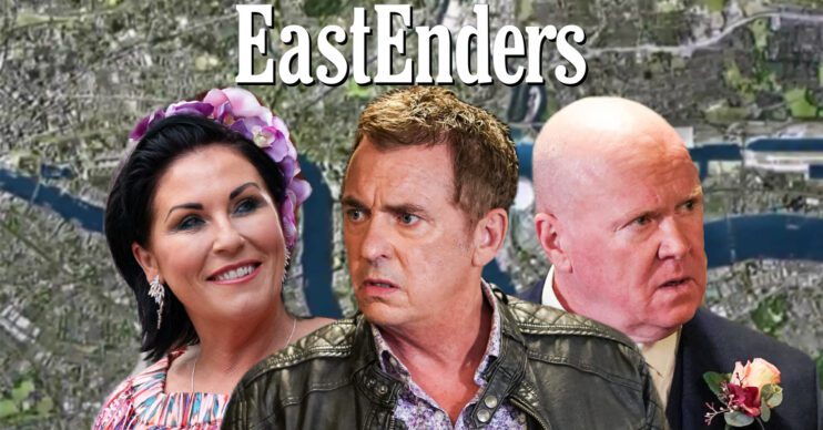 EastEnders' Kat, Alfie, Phil, the EastEnders logo and background of the Thames