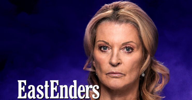 EastEnders' Kathy with a blue background, the EastEnders logo