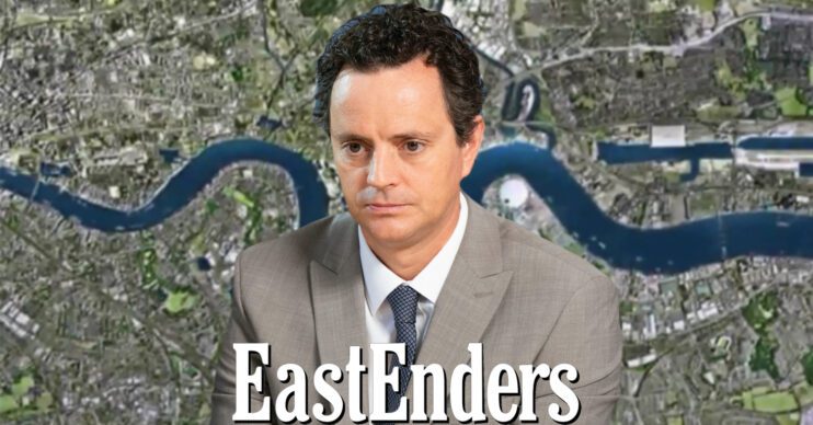 EastEnders' Theo, the EastEnders logo and background of the Thames