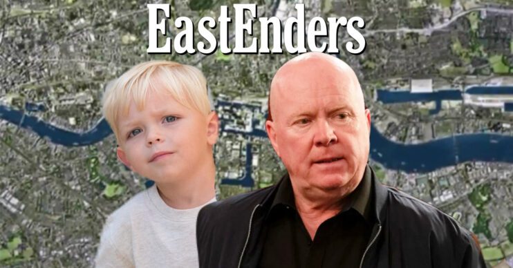 EastEnders' Albie, Phil, the EastEnders logo and background of the Thames
