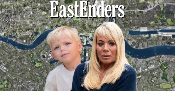 EastEnders' Albie, Sharon, the EastEnders logo and background of the Thames