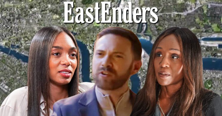 EastEnders' Chelsea, Dean, Denise, the EastEnders logo and background of the Thames