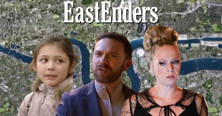 EastEnders' Jade, Dean, Linda, the EastEnders logo and background of the Thames