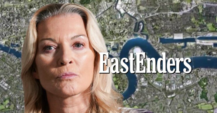 EastEnders' Kathy, the EastEnders logo and background of the Thames