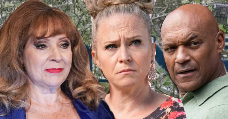 EastEnders' Elaine, Linda, George, the background of the Thames