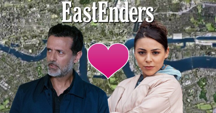 EastEnders' Nish, Priya, a pink heart, the EastEnders logo and background of the Thames