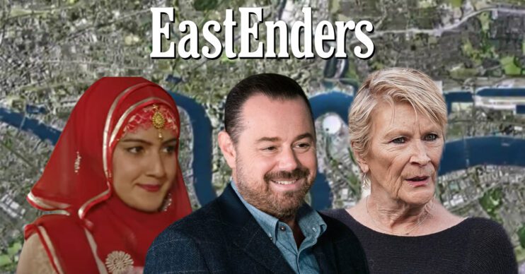 EastEnders' Shabnam, Mick and Shirley, the EastEnders logo and background of the Thames