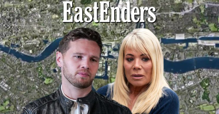 EastEnders' Keanu, Sharon, the EastEnders logo and background of the Thames