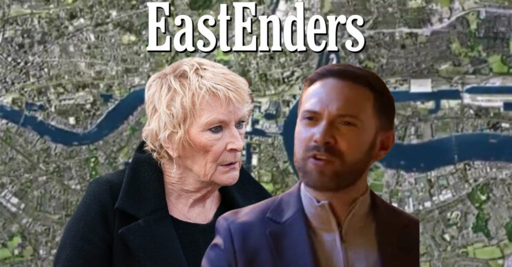 EastEnders' Shirley, Dean, the EastEnders logo and background of the Thames