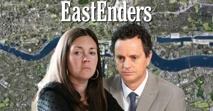 EastEnders' Stacey, Theo, the EastEnders logo and background of the Thames