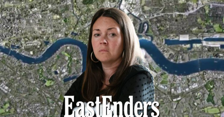 EastEnders' Stacey, the EastEnders logo and the background of the Thames