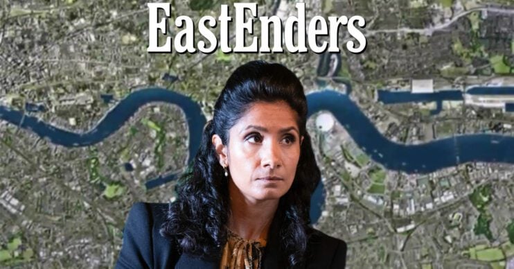 EastEnders' Suki, the EastEnders logo and background of the Thames