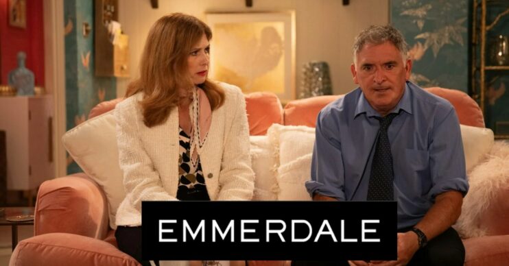 Emmerdale spoilers tonight comp image: Bob and Bernice with show logo