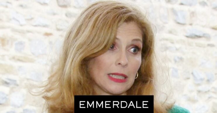 Emmerdale comp image: Bernice grimaces with the Emmerdale logo
